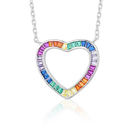 Sterling Silver Chain Bracelet Rainbow CZ Heart Dangle Charms
