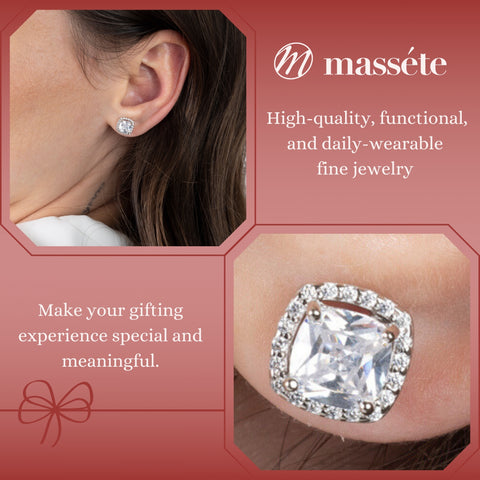 MASSETE Sterling Silver 925 Halo Stud Post Earrings with Removeable Jacket