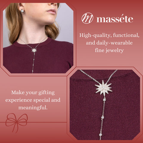 Sterling Silver Long Y Necklace Lucky North Star Lariat Style with Pave Simulated Diamonds 16"