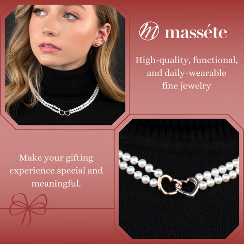 MASSETE White Round Freshwater Cultured Pearl Double Strand Necklace for Women Sterling Silver Rose Gold Plated Double Heart Clasp 4.5mm 18 inches