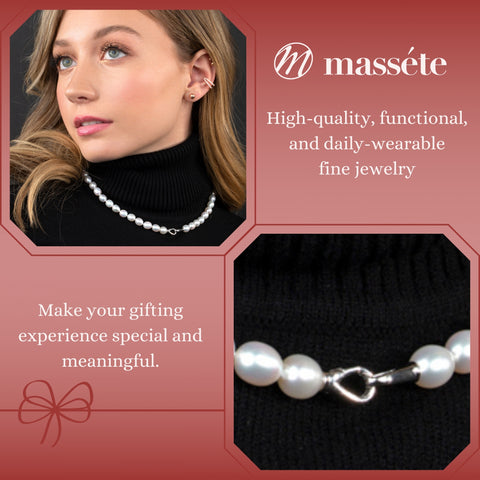 MASSETE White Rice Shape Freshwater Cultured Pearl Necklace for Women Sterling Silver Lobster Clasp Modern 9mm 18"