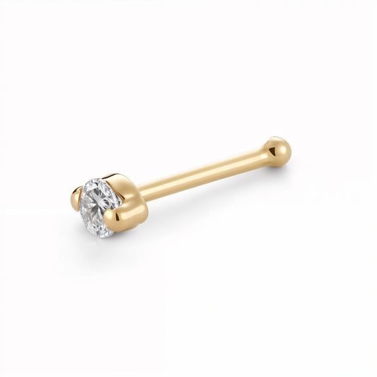 14k Yellow Gold Nose Stud - Simulated Diamond 2 Prong Set CZ 20g Nose Ring - Hypoallergenic Threadless Body Piercing Jewelry