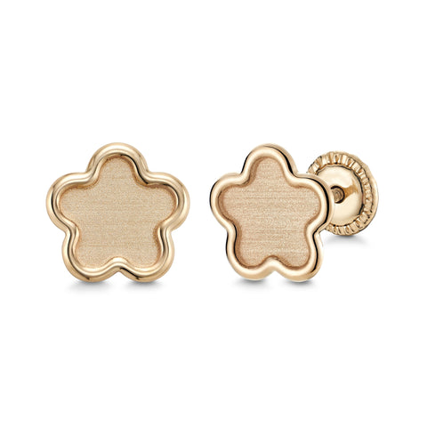 14k Yellow Gold Flower Stud Earrings Matte Finish, Covered Screwback Closure for Girls and Women