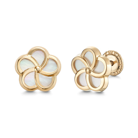 14k Yellow Gold Pinwheel Flower Stud Earrings with Mother of Pearl, Covered Screwback Closure for Girls and Women