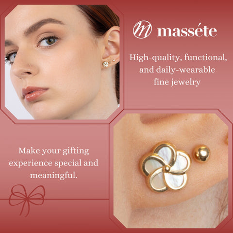 14k Yellow Gold Pinwheel Flower Stud Earrings with Mother of Pearl, Covered Screwback Closure for Girls and Women