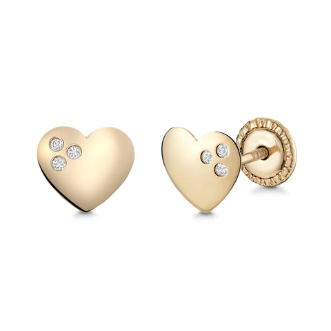 14k Yellow Gold Shiny Heart Stud Earrings with 3 Simulated Diamonds, Covered Screwback Closure for Girls and Women