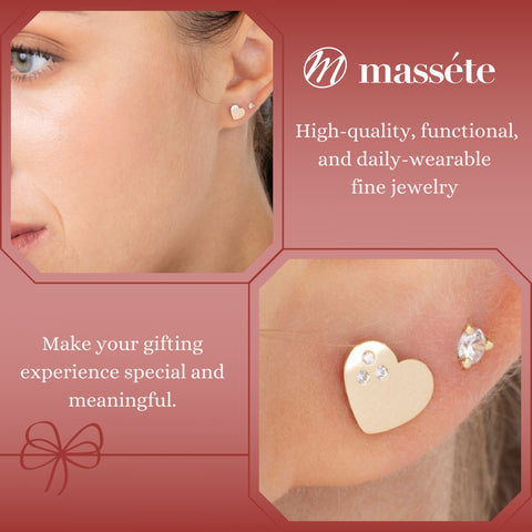 14k Yellow Gold Shiny Heart Stud Earrings with 3 Simulated Diamonds, Covered Screwback Closure for Girls and Women