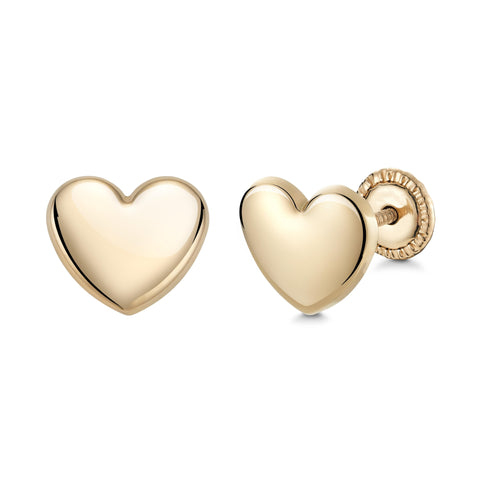 14k Yellow Gold Shiny Puff Heart Stud Earrings, Covered Screwback Closure for Girls and Women