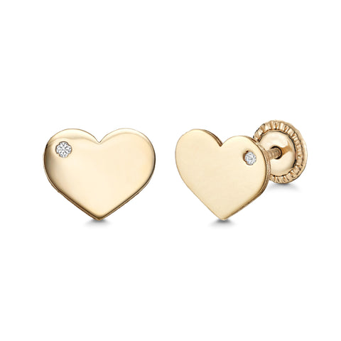 14k Yellow Gold Shiny Flat Heart Stud Earrings with Simulated Diamond, Covered Screwback Closure for Girls and Women