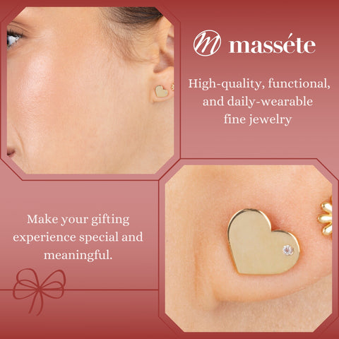 14k Yellow Gold Shiny Flat Heart Stud Earrings with Simulated Diamond, Covered Screwback Closure for Girls and Women