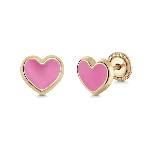 14k Yellow Gold Heart Stud Earrings with White Enamel, Covered Screwback Closure for Girls and Women