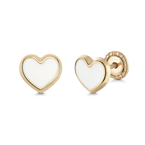 14k Yellow Gold Heart Stud Earrings with White Enamel, Covered Screwback Closure for Girls and Women