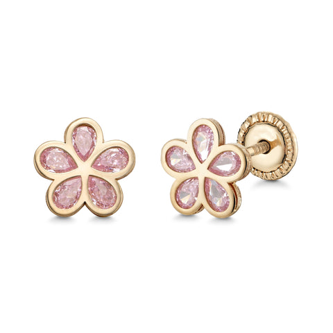 14k Yellow Gold Flower Stud Earrings with Simulated Pink Gemstone, Covered Screwback Closure for Girls and Women