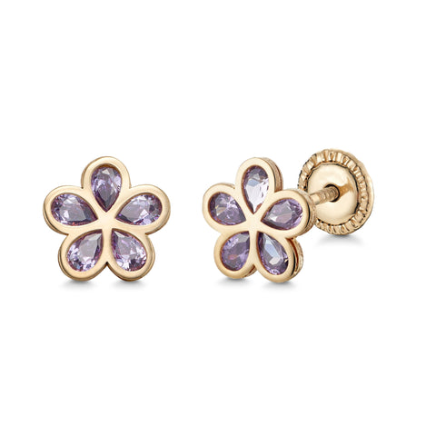 14k Yellow Gold Flower Stud Earrings with Simulated Pink Gemstone, Covered Screwback Closure for Girls and Women