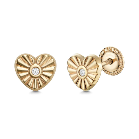 14k Yellow Gold Fluted Heart Stud Earrings with Simulated Diamond Center - Covered Screwback Closure for Women and Girls