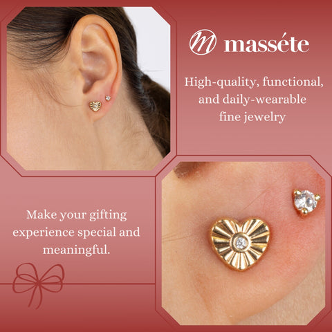 14k Yellow Gold Fluted Heart Stud Earrings with Simulated Diamond Center - Covered Screwback Closure for Women and Girls