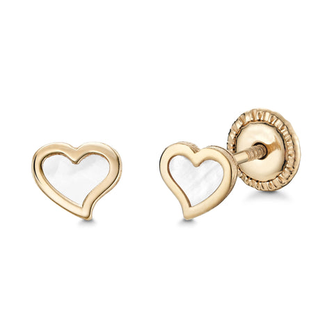 14k Yellow Gold Heart Twist Stud Earrings with Mother of Pearl - Covered Screwback Closure for Women and Girls