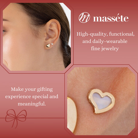 14k Yellow Gold Heart Twist Stud Earrings with Mother of Pearl - Covered Screwback Closure for Women and Girls