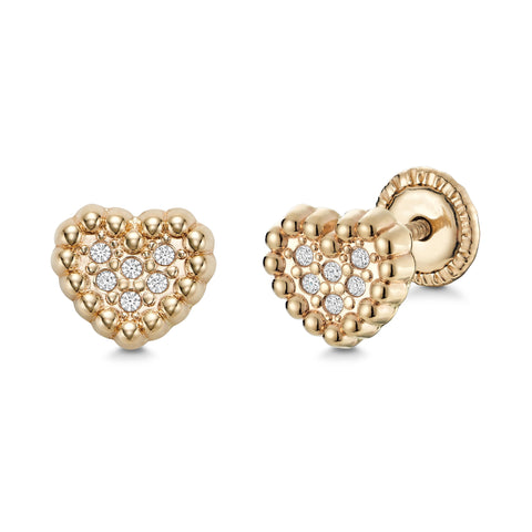 4k Yellow Gold Heart Stud Earrings - Pave Simulated Diamonds, Beaded Style Heart Outline for Women and Girls