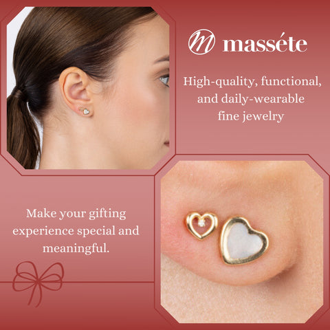 14k Yellow Gold Heart Stud Earrings with Mother of Pearl - Covered Screwback Closure for Women and Girls