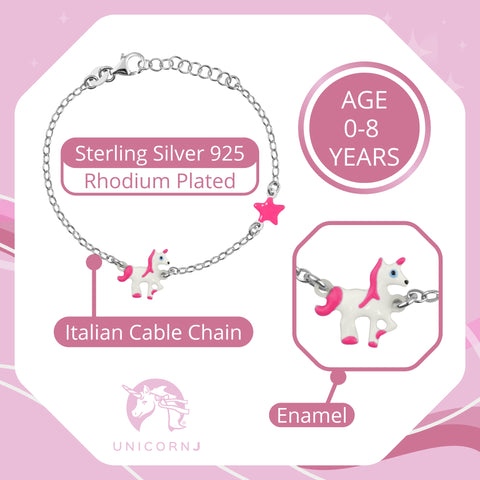 UNICORNJ Sterling Silver 925 Bracelet for Girls Trotting Unicorn and Star with Enamel 6.5"