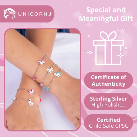 UNICORNJ Sterling Silver 925 Bracelet for Girls Trotting Unicorn and Star with Enamel 6.5"