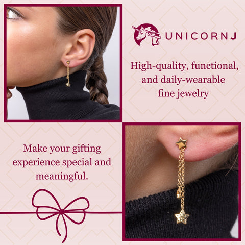 UNICORNJ 14K Yellow Gold Polished and Pave CZ Long Double Dangle Drop Star Earrings Italy