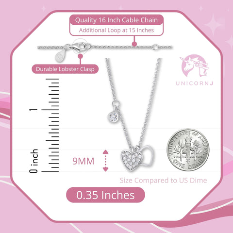 UNICORNJ Sterling Silver 925 Heart Charm Pendant Necklace with Pavé Cubic Zirconia on Rolo Chain