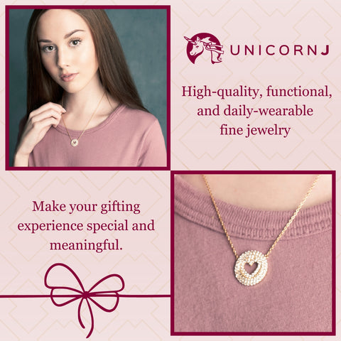 UNICORNJ Sterling Silver 925 Pave CZ Disc Pendant Necklace with Heart Cut-out Yellow Gold Plated 17" Italy