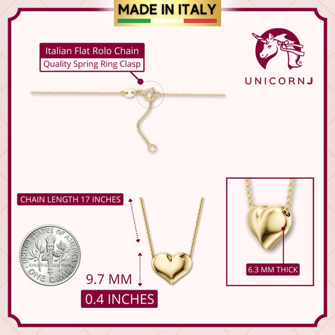 Floating Puff Heart Pendant Necklace 14K Yellow Gold on Box Chain Italy UNICORNJ 16"