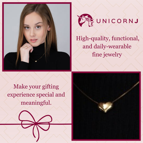 Floating Puff Heart Pendant Necklace 14K Yellow Gold on Box Chain Italy UNICORNJ 16"