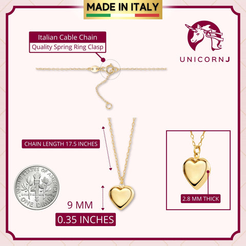 14K Yellow Gold Heart Pendant Necklace Charm Polished Shiny on Cable Chain Italy 17.5"