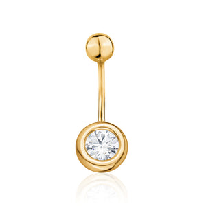 14k yellow gold belly button ring with a bezel-set simulated diamond