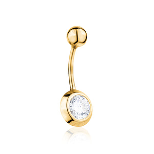 14k yellow gold belly ring with a sparkling simulated crystal detail