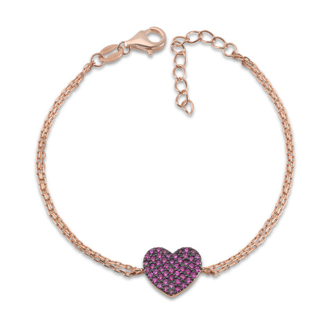 MASSETE Sterling Silver 925 Rose Gold Plated Black Rhodium Pink CZ Pave Heart Double Chain Bracelet 7"