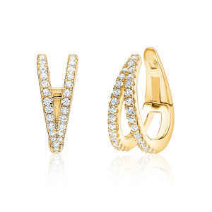 Yellow Gold Plated Huggie Hoop Earrings with Simulated Diamonds on a display