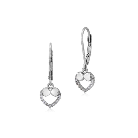 Sterling Silver 925 Pave CZ Open Heart Outline with Bow Leverback Earrings Dangle