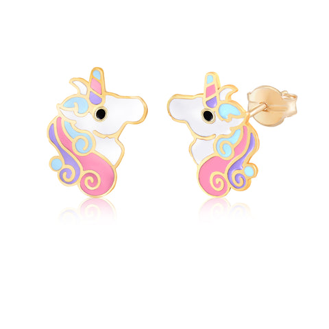 14k yellow gold unicorn-shaped stud earrings with colorful enamel details
