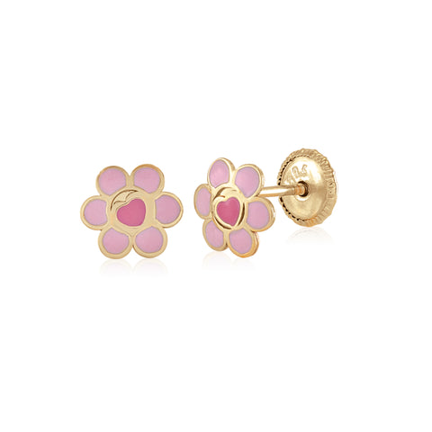 MASSETE 14k Yellow Gold Screwback Earrings Flower and Heart Pink for Children