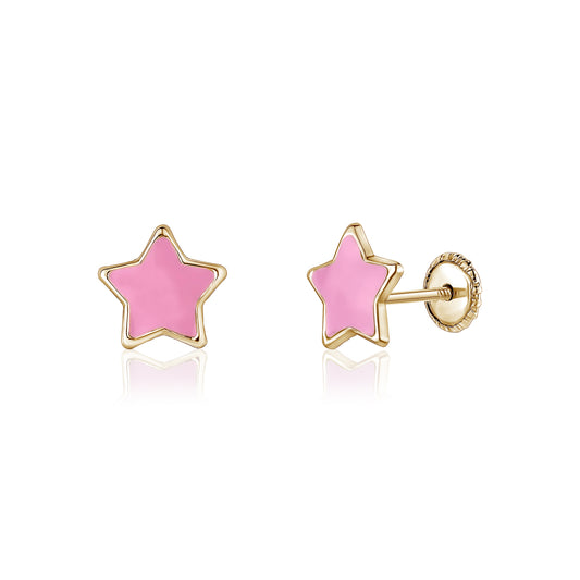 14k Yellow Gold Star Earrings Girls Teens Screwback Enamel