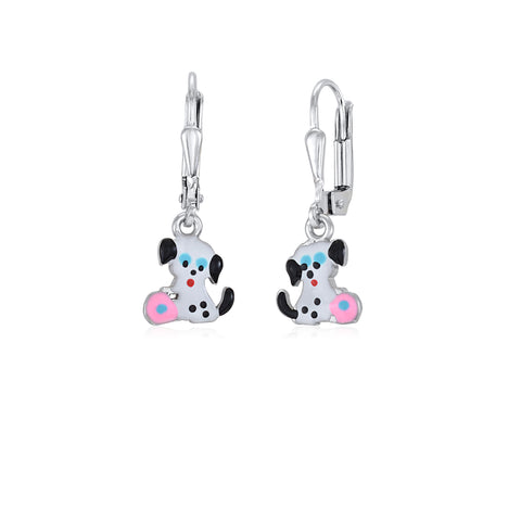 Childrens Sterling Silver 925 Cute Dalmation Puppy Earrings Leverback Dangle with Enamel