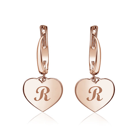 Sterling Silver Rose Gold Plated Girls Heart Dangle Leverback Earrings Initial Engraved Letters A-Z