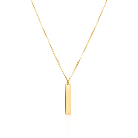 14K Yellow Gold Engravable Personalized Vertical Bar Pendant Necklace Polished Shiny on Cable Chain Italy