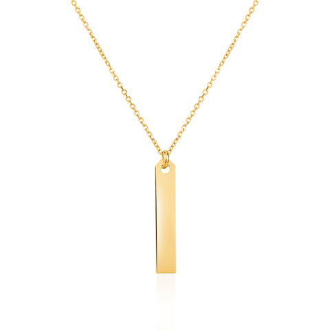14K Yellow Gold Engravable Personalized Vertical Bar Pendant Necklace Polished Shiny on Cable Chain Italy