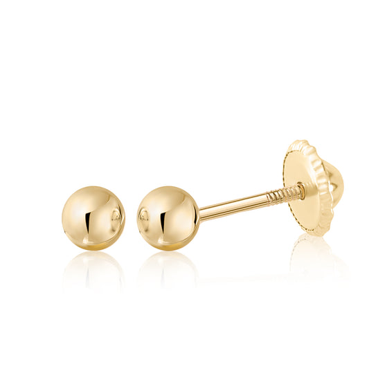 14k Solid Gold Ball Earrings with Flat Covered Back Screwback Shiny Sphere Earring Studs 3mm 4mm 5mm